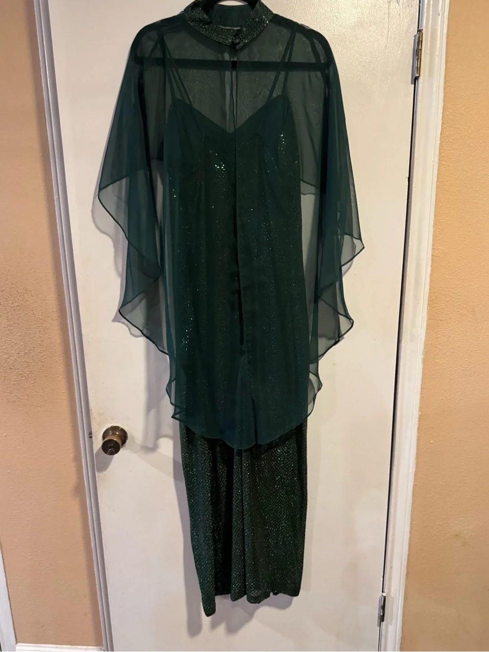 Vintage 80s ANN Emerald Green Formal Dress Cape Set XL USA